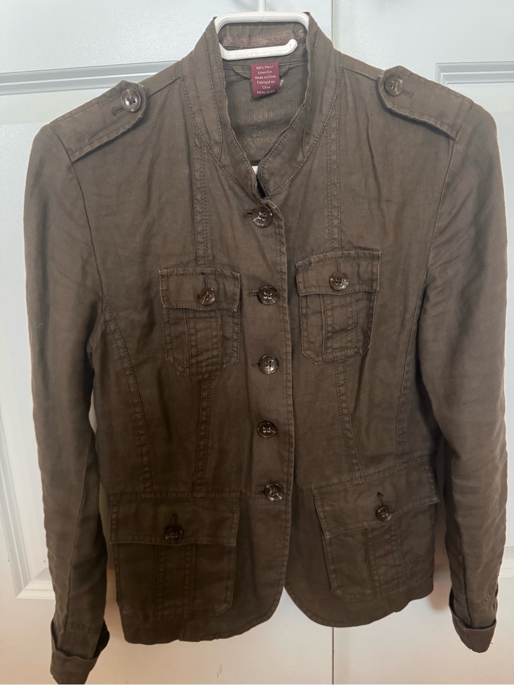 Linen Casual Brown Military-Style Button Front Blazer Jacket - Size 2, EU34